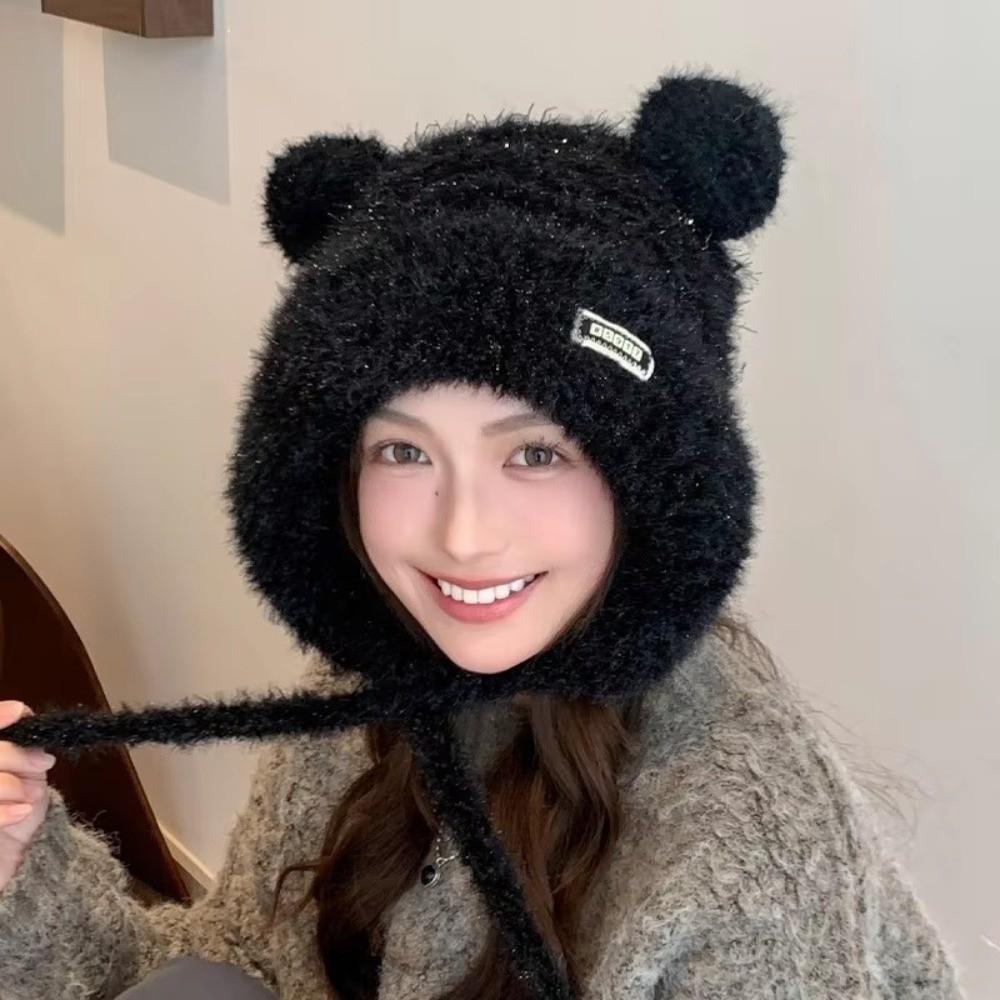 Windproof Knitted Hat Warm Thickened Bear Ears Knitted Hat New Skullies Hat  for Women Girls