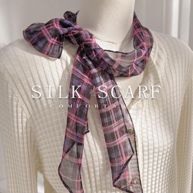 Color matching plaid 100% silk silk scarf printed long silk scarf women s spring and summer decorative headscarf headband