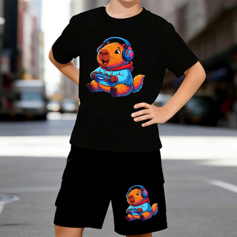 

Boys 2 Piece Cartoon beaver printed Outfit, Short Sleeve T-Shirt and Shorts Set for Kids Age 5-14,Black and White Sporty Casual Summer Clothes 5-6 Years чёрный