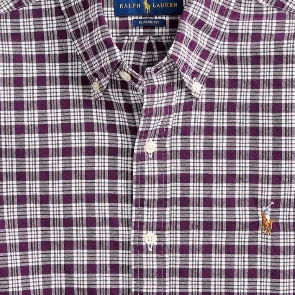 Polo Ralph Lauren Ss24 Rutig Pony Logo Broderad Långärmad Oxfordskjorta Herrskjortor Lila 710816534-002