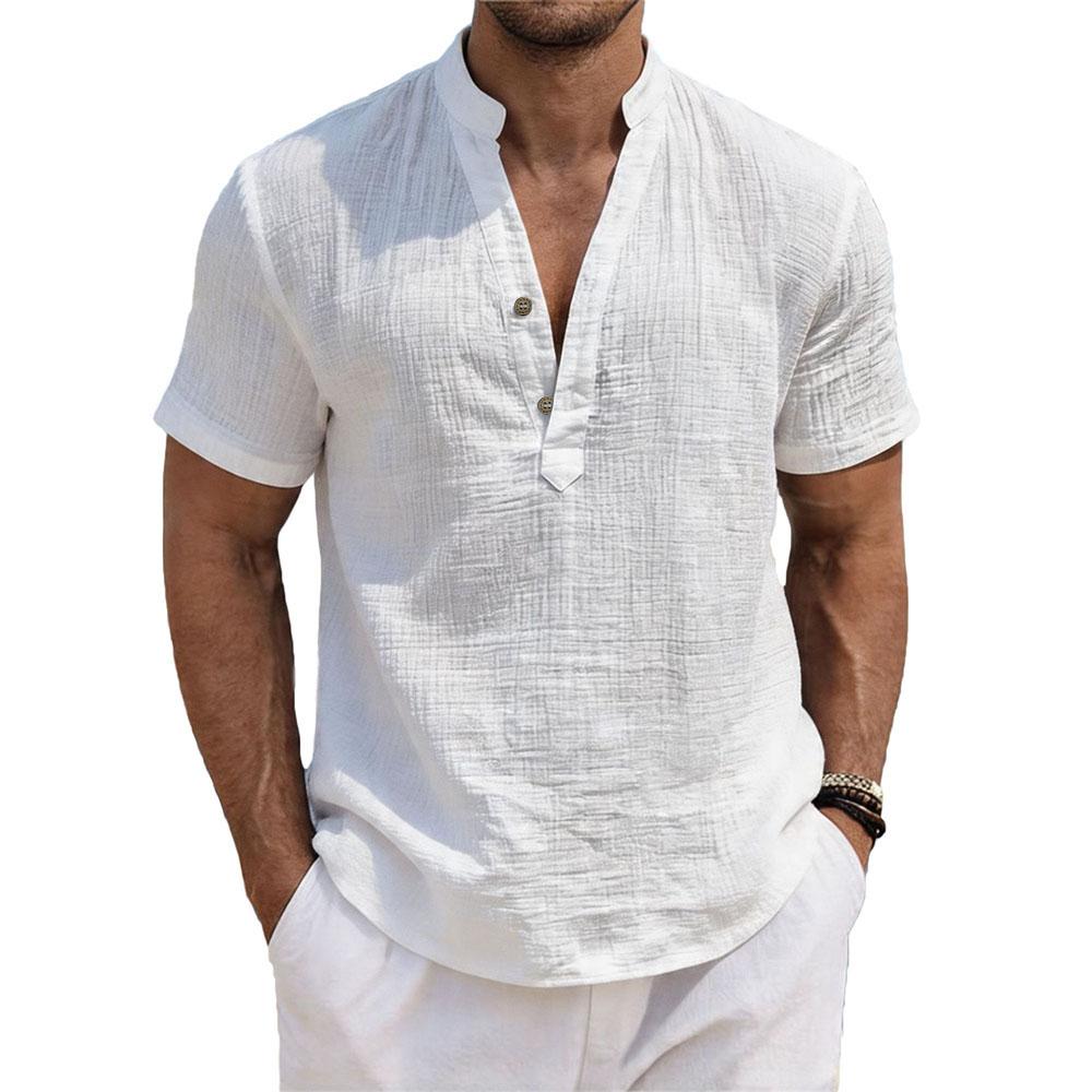 Men's Mandarin Collar Short Sleeve Linen Henley Shirt 2 Button Placket Breathable Textured Casual Summer Beach Tunic Top