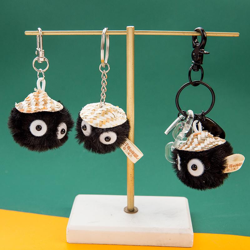 Soot Sprite Amulet Plush: Cute Straw Hat, Black Coal Spirit, Pompom Ornament Charm