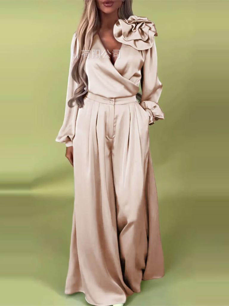 Ensemble Pantalon Large à Jambes Larges et Haut Élégant de Luxe à Manches Longues et Décolleté en V pour Femmes au Printemps