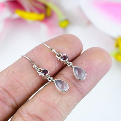 Natural Rose Quartz, Garnet Gemstone 925 Solid Sterling Silver Earring 1.5" D2i64
