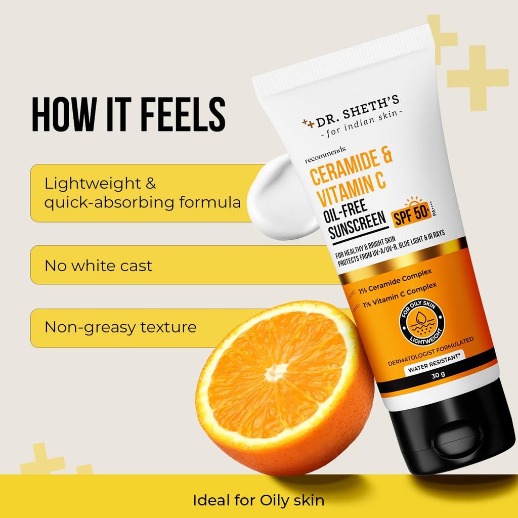Dr. Sheth's Olejek Bez Tłuszczu z Ceramidami i Witaminą C z Filtrem SPF 50+ PA++++ Dla Zdrowej, Rozświetlonej Skóry 30 g