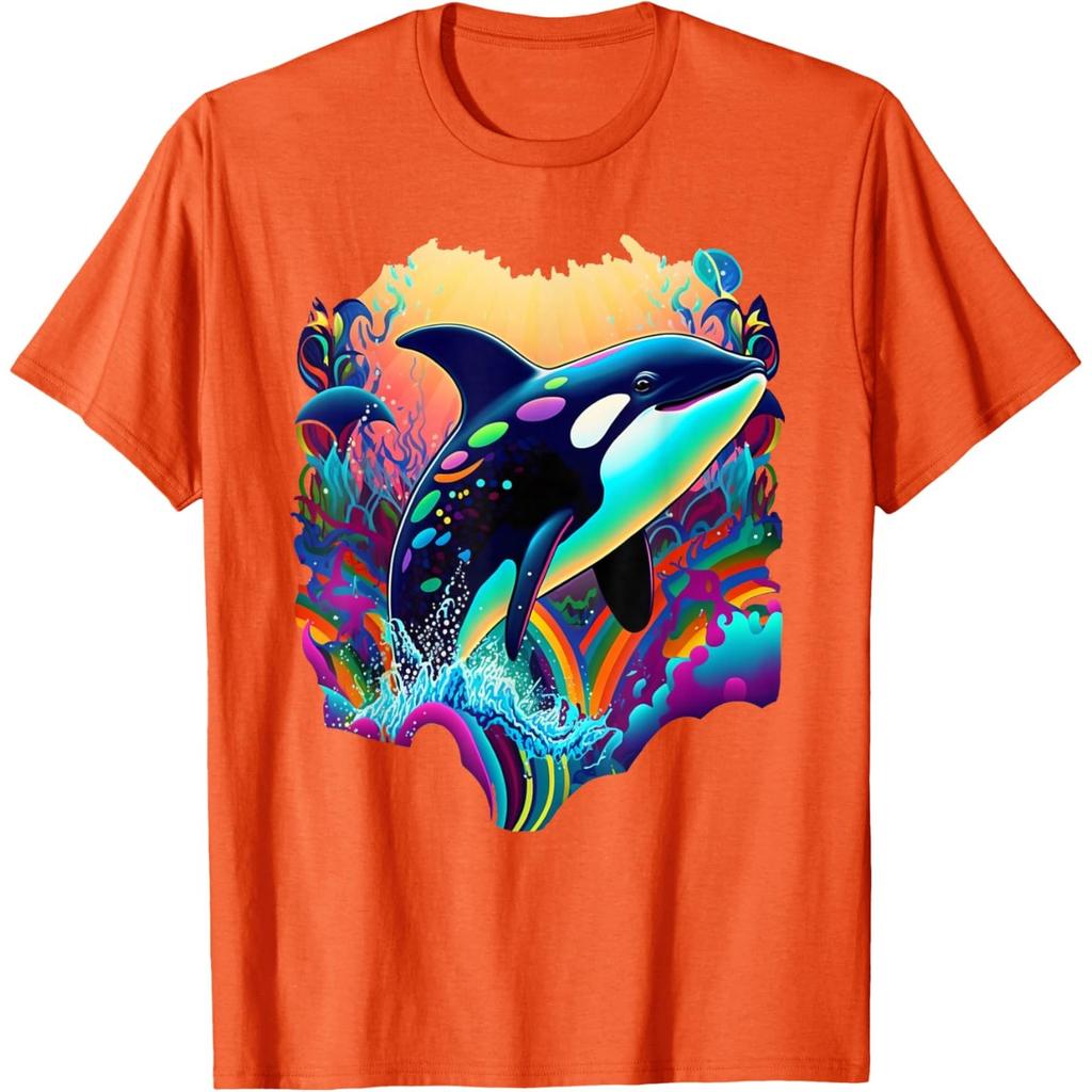 Colorful Orca Graphic Tee Artistic Killer Whale Print Men's Round Neck Casual T-Shirt