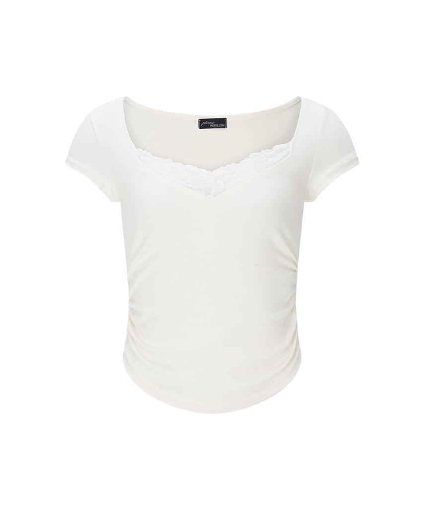 Peullijeunopallou Vera Lace Shirring Short Sleeve Top (Ivory)