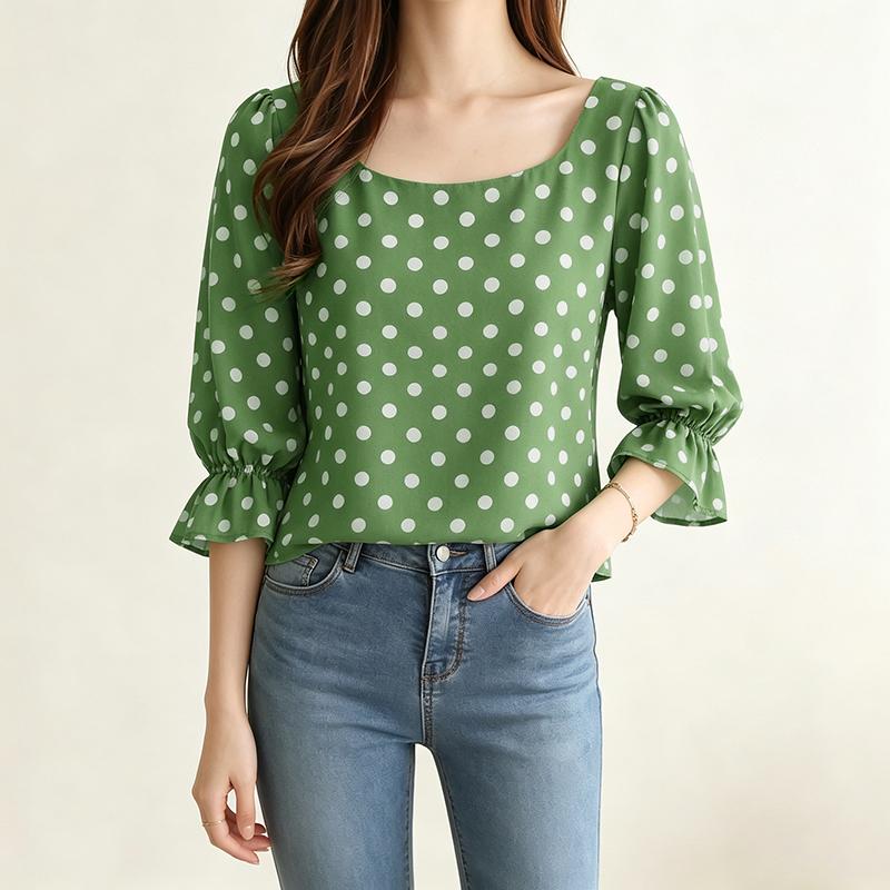 ZANZEA Women Polka Dot Print Casual Round Neck 3/4 Sleeve Elegant Blouse