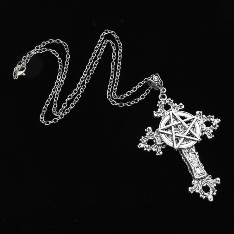 Retro Five-Pointed Star Crucifix Pendant Necklaces Alloy Texture Woman Pentacle Jewelry Pendant Necklaces for Daily