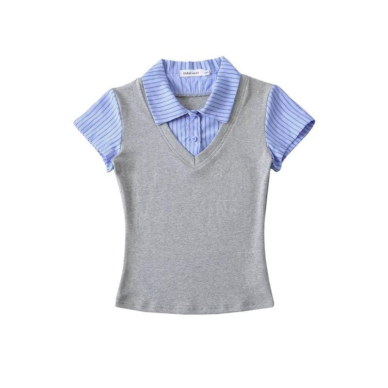 Zbzr Spring New Women Clothes Western Style American Vintage Fake Two Pieces Shirts Patchwork Short Sleeve Leisure Top