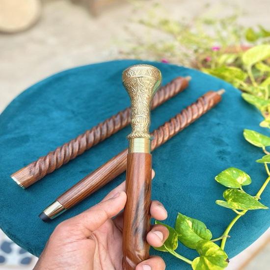 Engraved Flowers Walking Stick, 3 Foldable Solid Brass Cane for Men and Woman, Round Brass Handle, Victorian Cane, Dad Gift, Christmas Gift