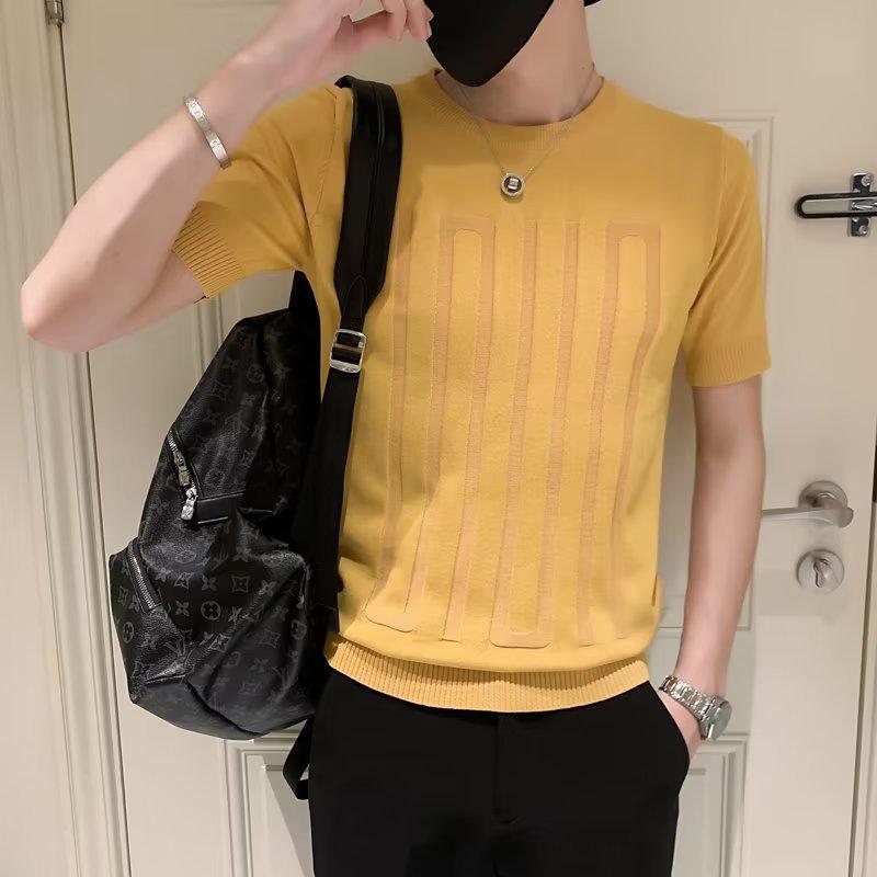 Herren Trendiges Gestreiftes Eis-Seide Slim Fit T-Shirt - Atmungsaktiv, Kurze Halbarme