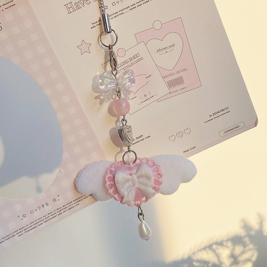 Cute Pink Fur Angel Wing Phone Strap Keychain With Bow Charm Unique Bag Decoration For Girls Lolita Style Accessories