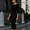 Women's Off-Shoulder Bodycon Midi Dress with Three-Quarter Sleeves and Ruched for Evening Parties
