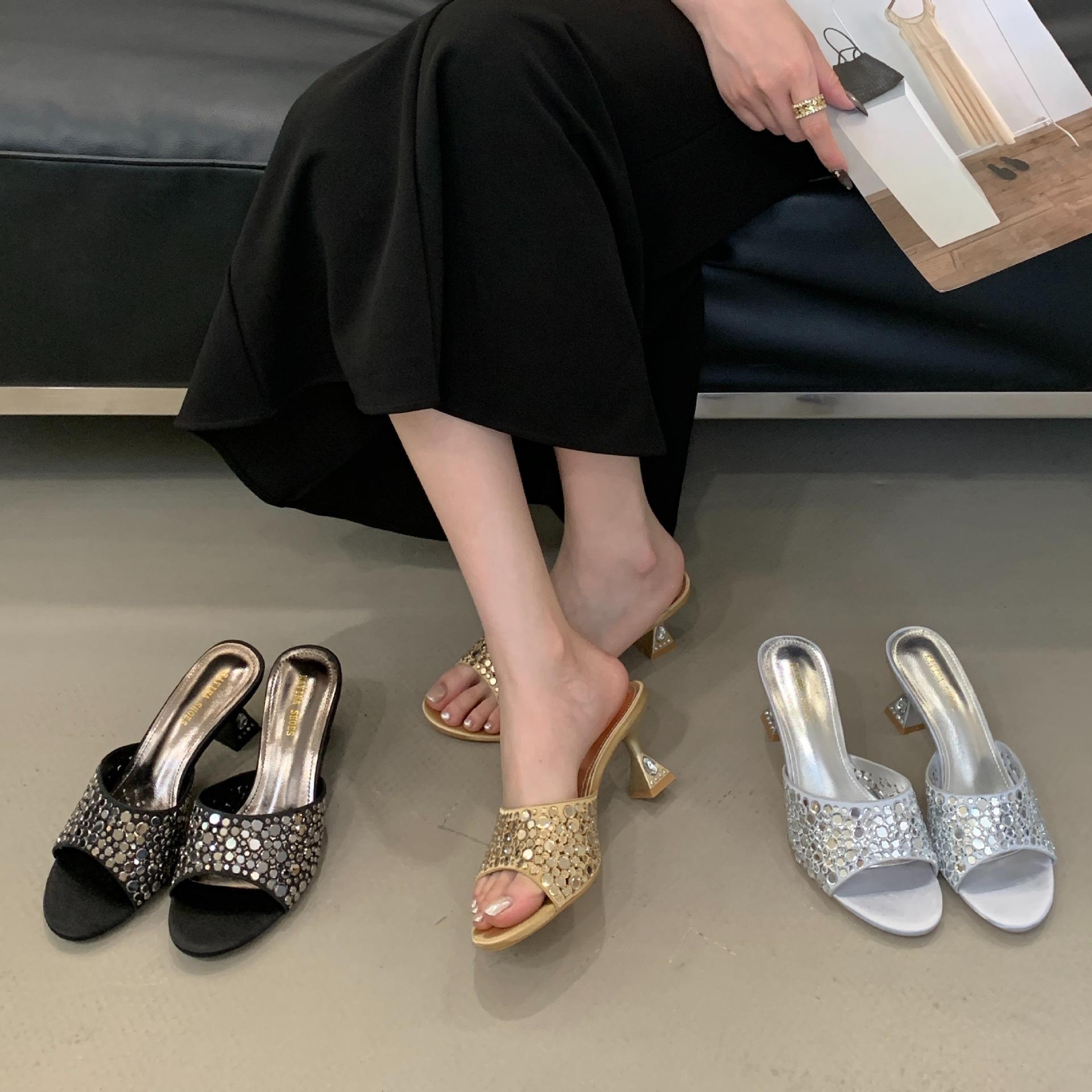 Slippers Summer French StyleSkirt-MatchingOne-Strap Hollow Out Elegant Rhinestone High Heels High Heel 35