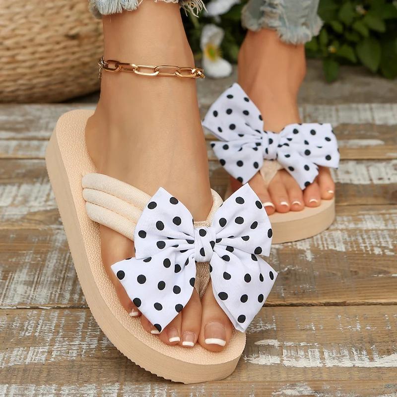 Fashion Polka Dot Bowknot Decor Flip Flops for Women 2025 Summer Lightweight Beach Slippers Woman Fashion Clip Toe Flat Slides Sandals