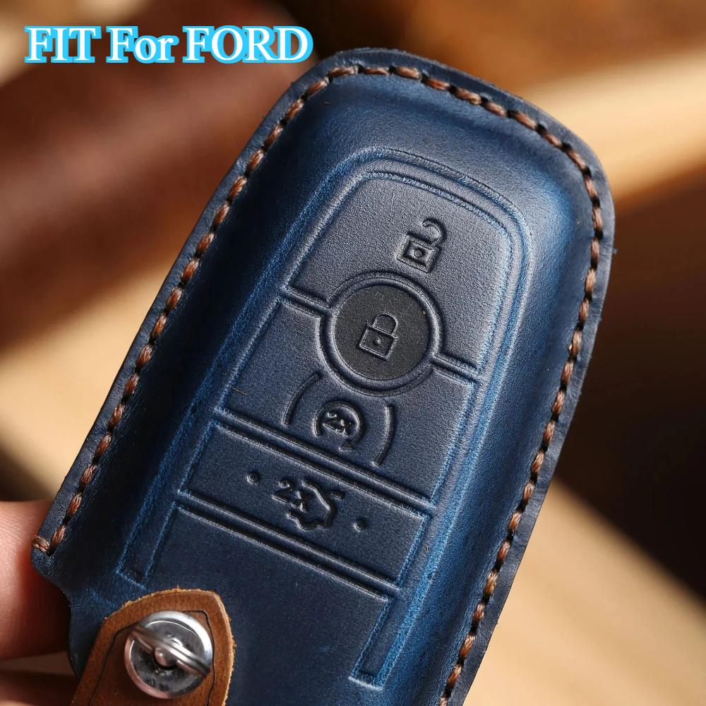 Leather Car Key Case Cover Keychain Holder Fob Protector for Ford Mondeo Lincoln Aviator Navigator F150 Raptor Focus Keyring Bag
