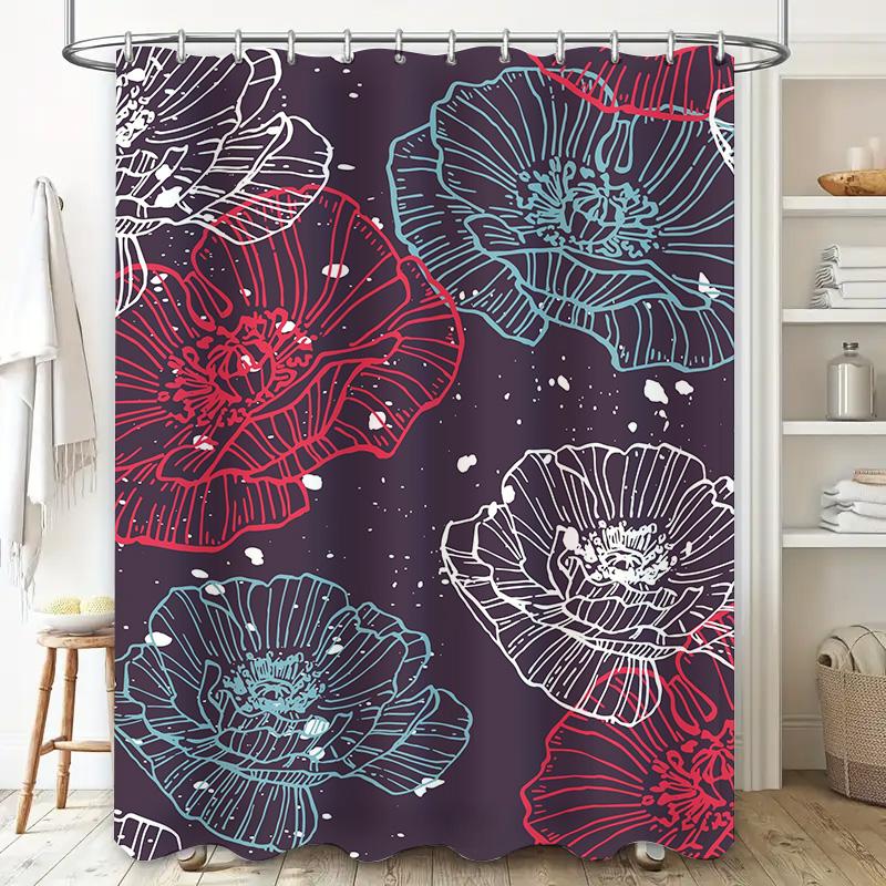 Lebendiger Blumiger Duschvorhang Mohnblumen-Druck Badezimmer-Dekoration mit Stangentasche für den Heimgebrauch in Rot-Blauen Farben (Größe180x240cm)