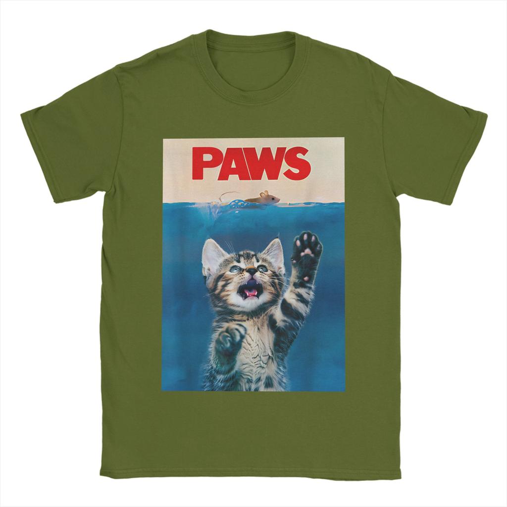 PAWS Funny Cat parody cat Lover Gift Kitten Shark Mouse meow 100 Cotton T Shirts  Novelty Tee Shirt for Man Casual Top Tees
