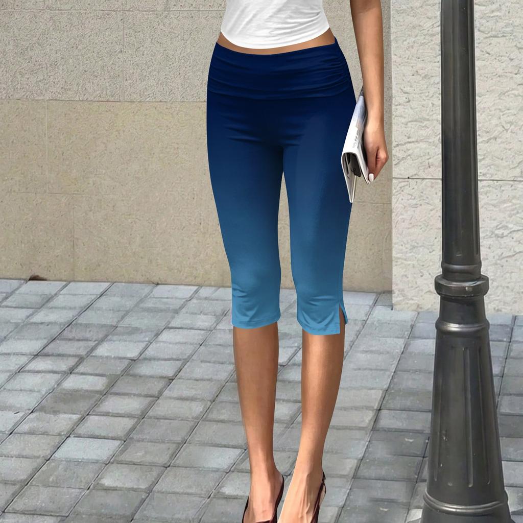 Women’s Slim Fit Printed Ruched Capris Pants Stretchy High Waist Cropped Trousers for Casual and Daily Wear