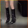 Fashion Bla High-Tube Long Boots Women's Faionable Retro Belted Pointed Toe Booties Spring Autumn PU Leather Cotton Lined Rubber ...