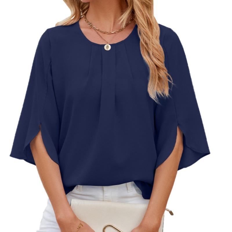 Solid Color Round Neck Five Quarter Sleeve Short Sleeved Loose Chiffon Top for Women Tops