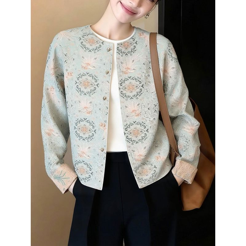 New Chinese-Style Printed Jacket for Women 2026 New Round-Neck Reversible Jacket French Retro Cardigan Top