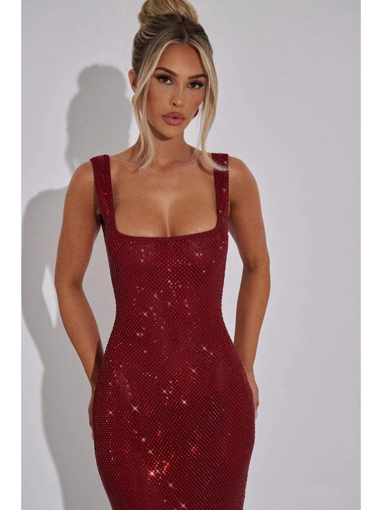 Elegant 2025 Sequin Rhinestone Bodycon Evening Dress with Double Shoulder Strap