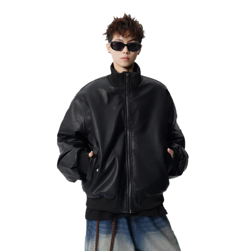 Men's American Retro PU Leather Cotton Jacket - Hong Kong Style, Autumn/Winter, High-End Trend, Loose Fit, Short Stand-Up Collar