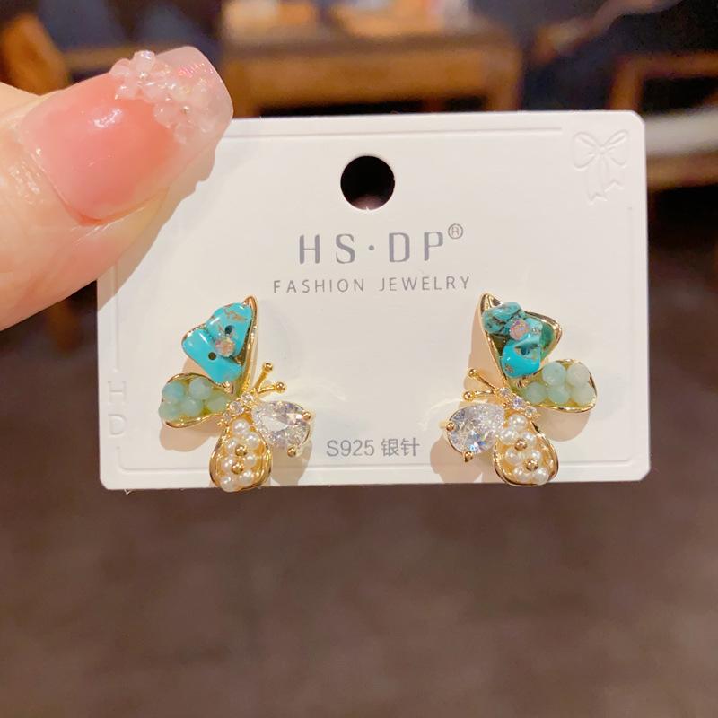 Korean Style Fashionable Small Fresh Blue Pearl Zircon Splicing Butterfly Light Luxury Sweet Versatile Earrings for Women