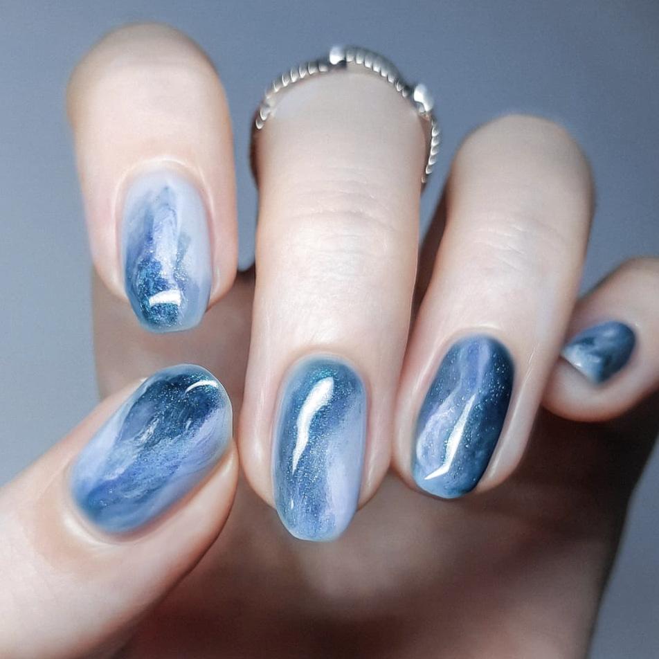 24 Stuks Blauwe Gradiënt Korte T-Vorm Nepnagels Elegante Press-On Nageltips Verfijnde Manicure
