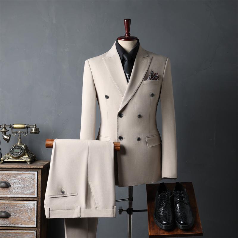 Korean-Style Apricot Double-Breasted Men's Suit, 2024 Autumn Wedding & Best Man Attire