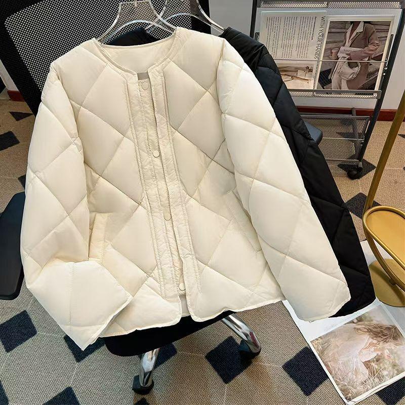 New Autumn and Winter Thin Down Cotton Jacket Collarless Rhombus Grid Small Slim Women's Jacket