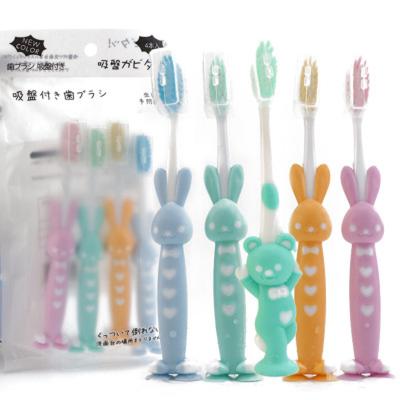 4 Piezas/Set Bebé Niños Entrenamiento Cepillos de Dientes de Cerdas Suaves con Soporte de Succión para Niños con Ru Grueso