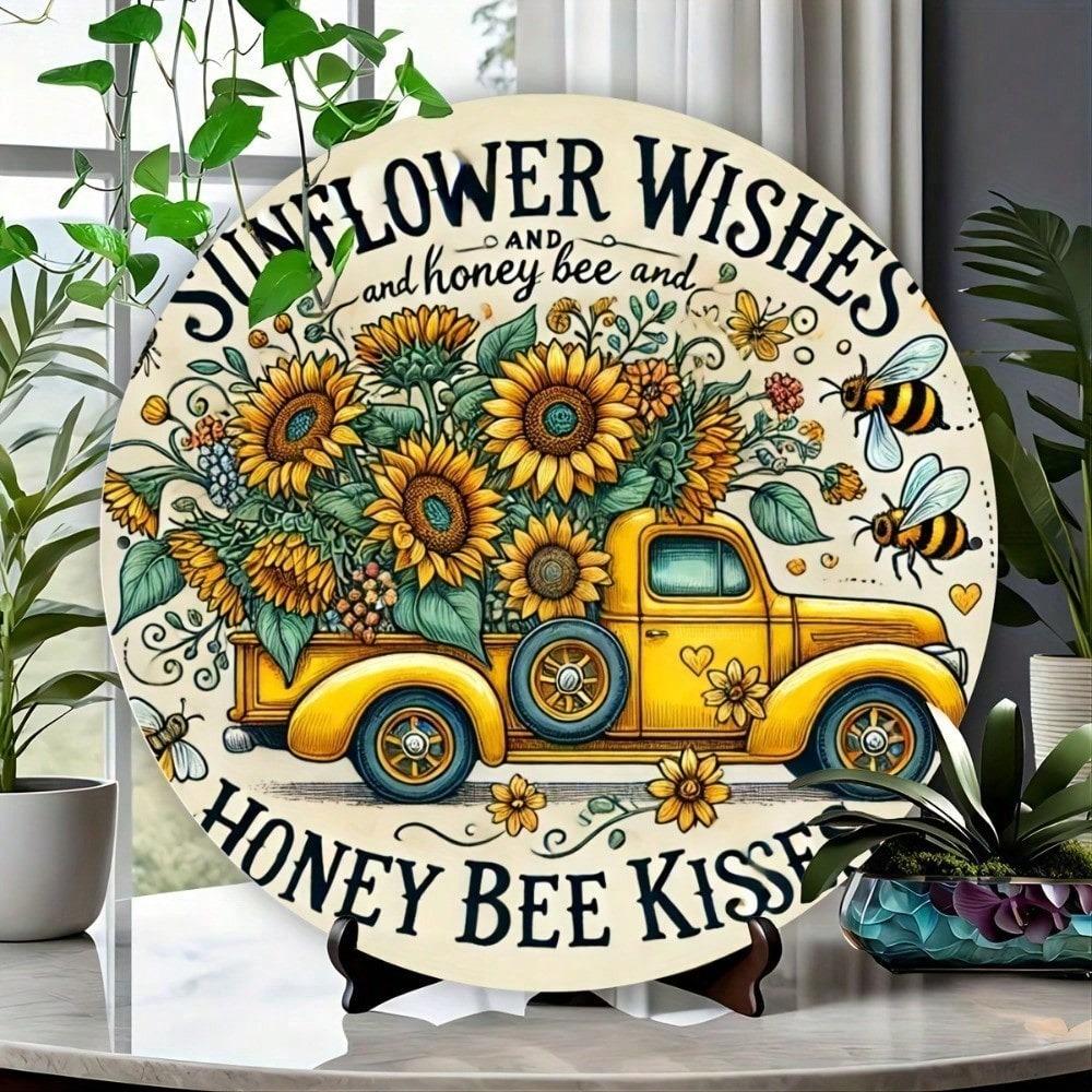 Vintage Sunflower Metal Wall Art Round Bee Home Decor Sign