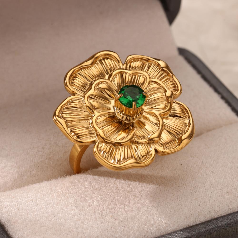 

Green Zircon Flower Open Rings For Women Gold Color Stainless Steel Flower Ring Female Party Wedding Jewelry Gift BFF resizable