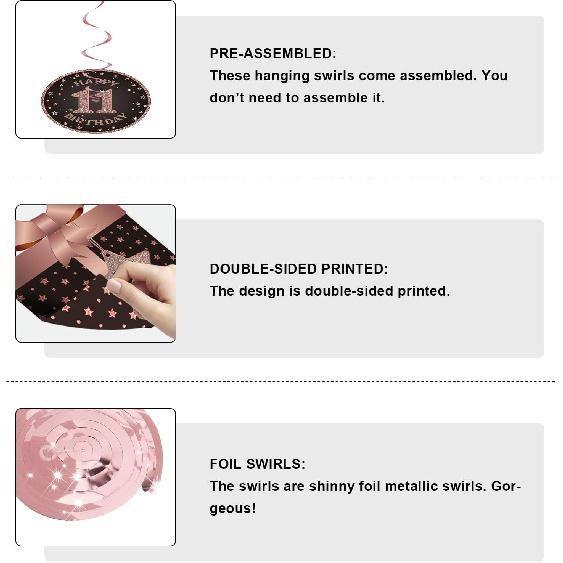 BRT Bearingshui Happy 11th Birthday Hanging Swirls Streams Ceiling Decorations, Celebration 11 Foil Hanging Swirls with Cutouts for 11 Years Old Rose