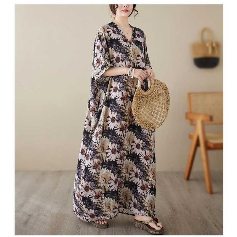 V-neck Thin Plus Size Loose Vintage Cover-up Long Dress