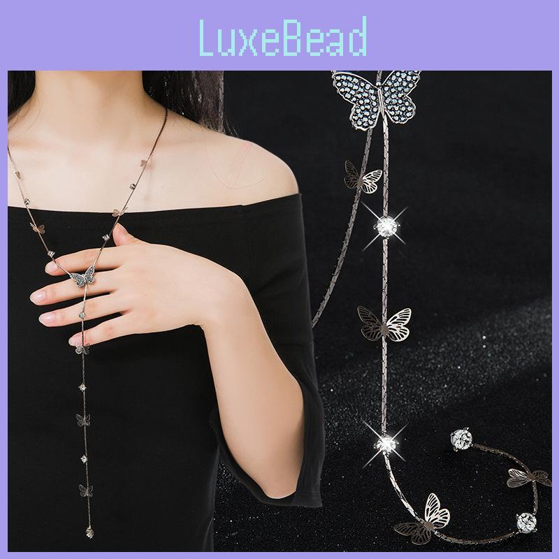 Elegant Korean Style Rhinestone Butterfly Tassel Sweater Necklace For Women