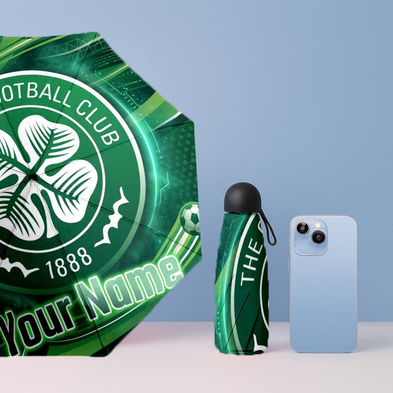 Celtic FC Manual Five Fold 8 Rib Umbrella Support Custom Text, Lightweight Travel Umbrella