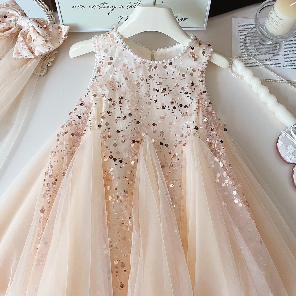 Girls Summer Sequin Sleeveless Tulle Princess Dress Elegant Party Gown For Kids Special Occasions