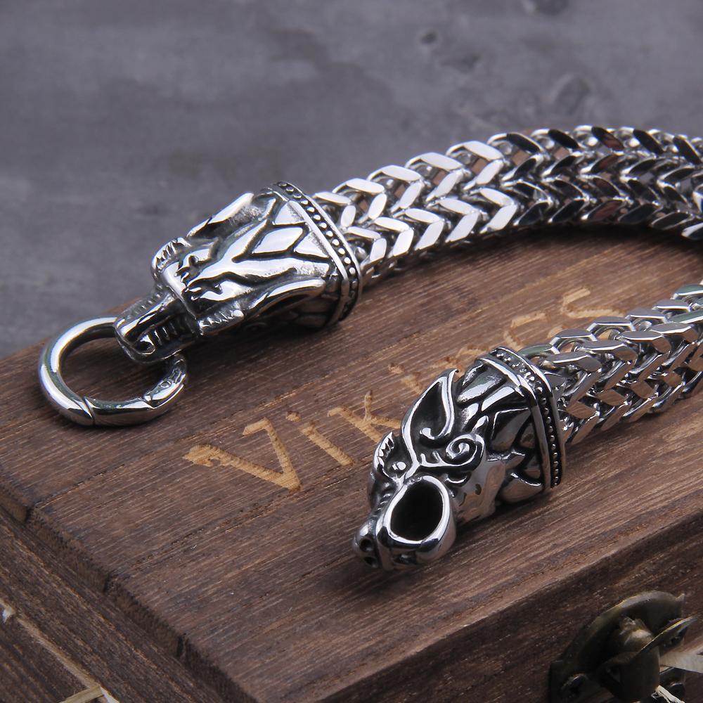 Viking Dragon Charm Bracelet for Men Stainless Steel Mesh Chain Silver Color Punk Biker Jewelry Never Fade Rock Wolf