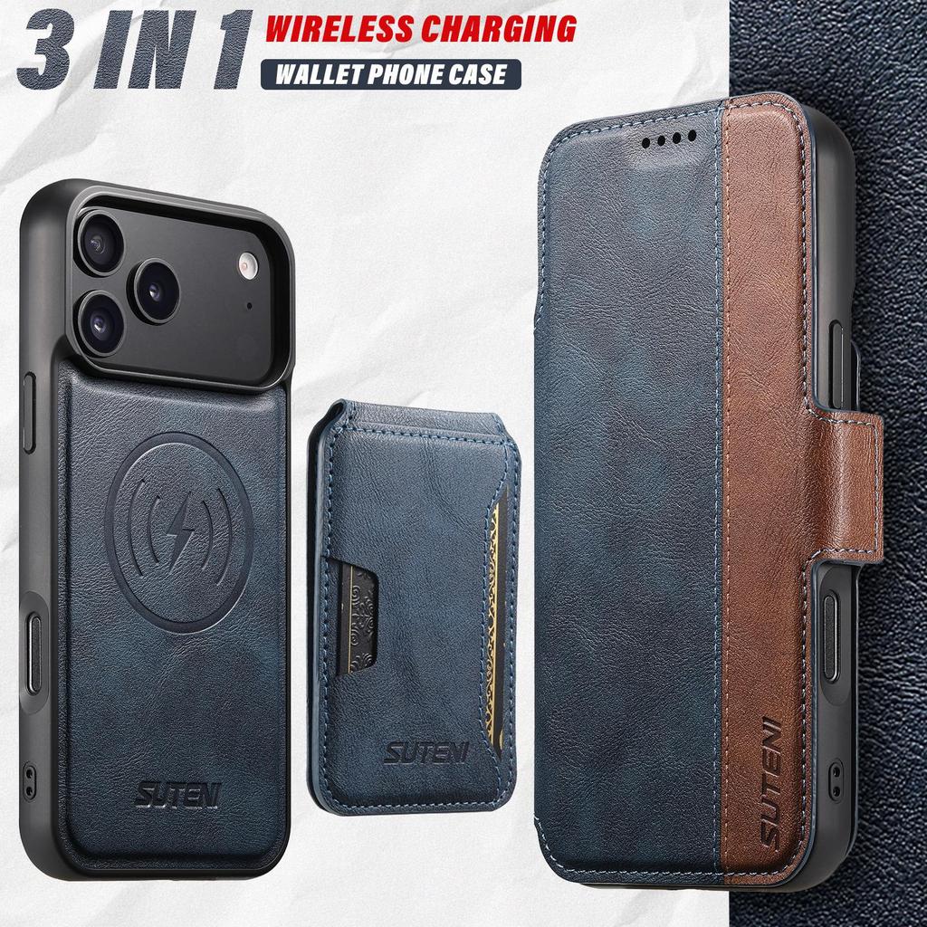 iPhone 17 Pro Max Leather Flip Case with Card Slot, Magnetic and Three-in-One Wireless Charging Stand