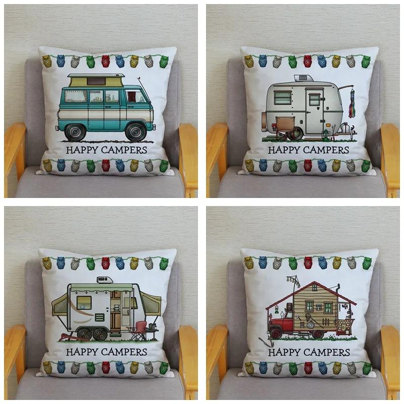 45X45Cm Happy Campers Owl Motorhome Print Pillow Case Soft Polyester Sofa Car Seat/Back Cushion Cover For Home Decor Pillowcases