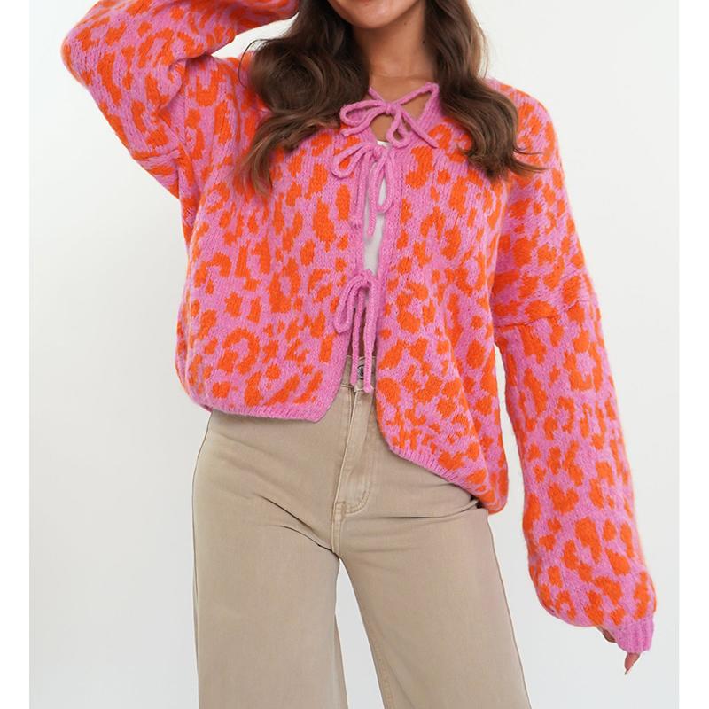 New In Leopard Print Round Neck Lace-up Knitted Cardigan Women Autumn Winter Trendy Streetwear Sweater Coats