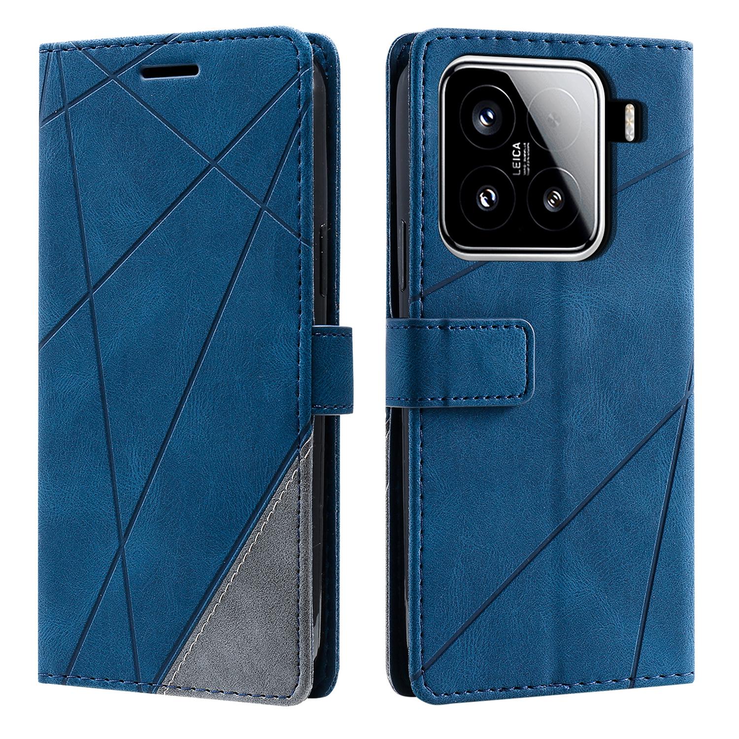 

For Xiaomi 15 Case Imprinted Lines PU Leather Splicing Wallet Phone Cover with Wrist Strap Blue