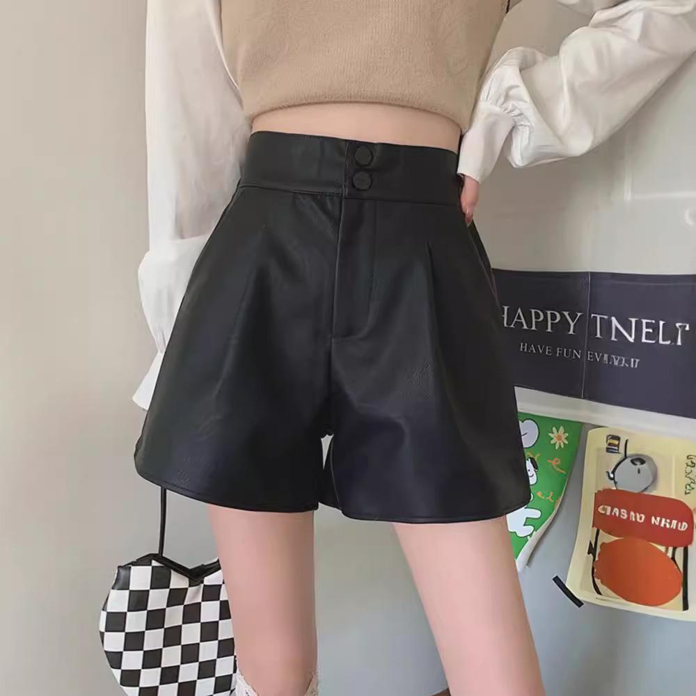 Kaffeefarbene PU-Leder High-Waist A-Linien-Shorts für Damen - Herbst/Winter Lässig Lockerer Schnitt, Hot Girl Stil, Bootcut-Hosen, Maillard-inspiriert.