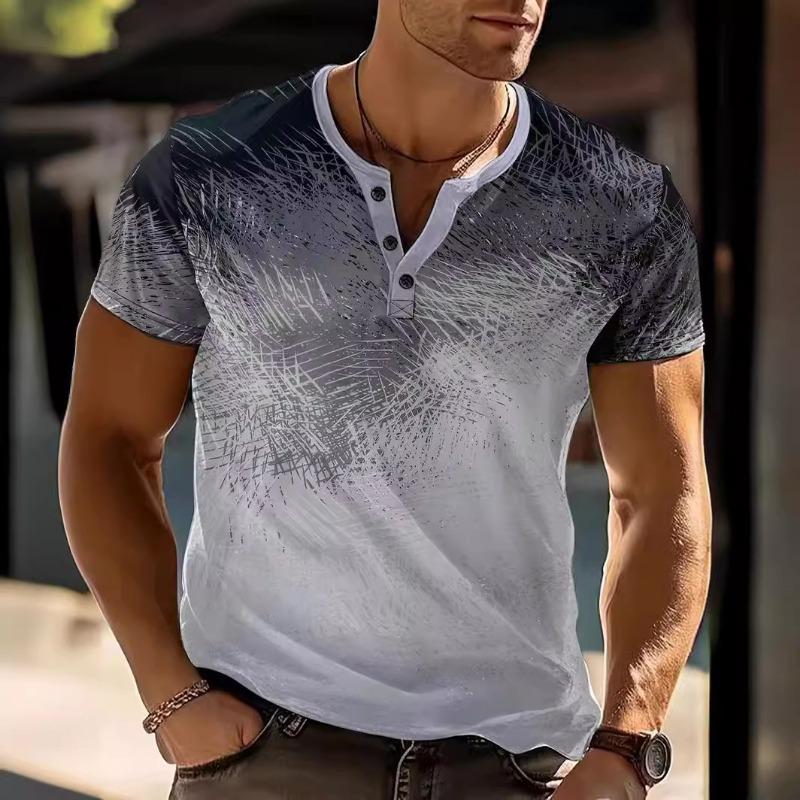 2025 New Men's Daily Casual Striped Gradient Henry Neck Short-sleeved Loose Versatile Pullover