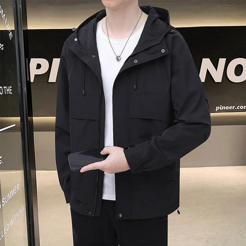 Autumn and Winter New Jacket Men's Tooling Jacket Youth Windproof Waterproof Outdoor Jacket Hooded Jacket Solid Color