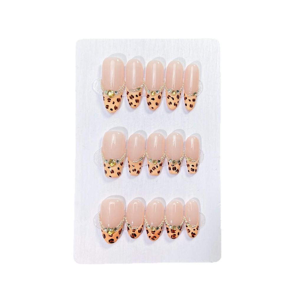 Handmade Nude Pink Leopard Print Rhinestone Nail Tips - Light Luxury, Eye-Catching & Shiny Manicure